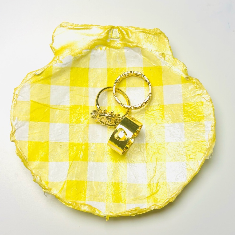 Handmade Scallop Shell Trinket Dish w/ Yellow Gingham Decoupage Design